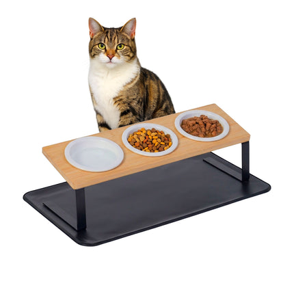 Raised Cat Bowl Set – Bamboo Stand, Ceramic Bowls, Mat