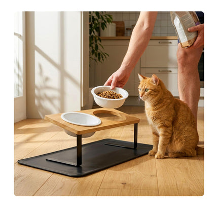Raised Cat Bowl Set – Bamboo Stand, Ceramic Bowls, Mat