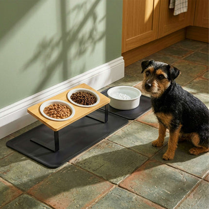 Raised Cat Bowl Set – Bamboo Stand, Ceramic Bowls, Mat