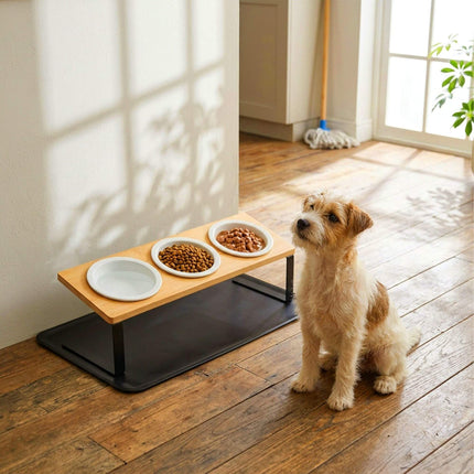 Raised Cat Bowl Set – Bamboo Stand, Ceramic Bowls, Mat
