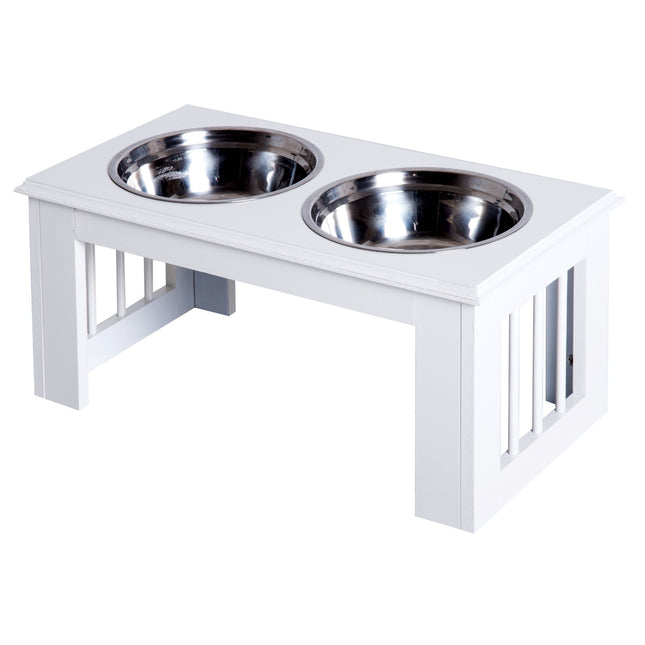 Raised dog food bowl with stainless steel, easy to care for, white