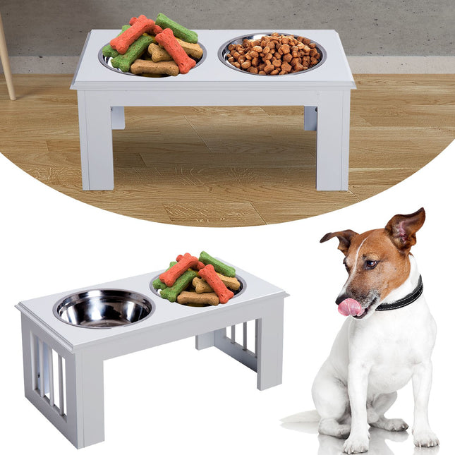 Raised dog food bowl with stainless steel, easy to care for, white