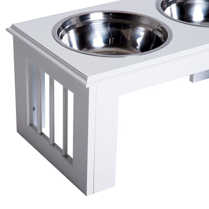 Raised dog food bowl with stainless steel, easy to care for, white