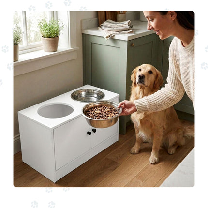 Raised Dog Feeding Station with Storage, White, Large