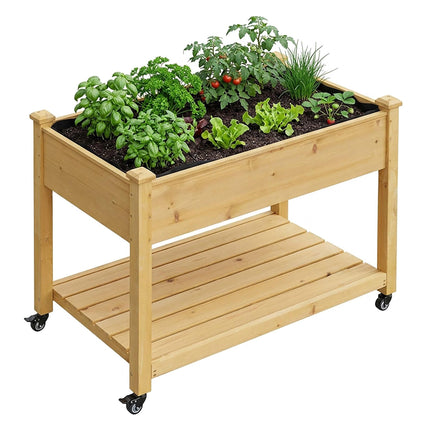 Raised Garden Bed On Wheels With Shelf, Locking Brakes