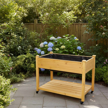 Raised Garden Bed On Wheels With Shelf, Locking Brakes