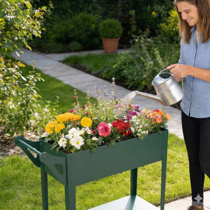 Raised Garden Bed Planter With Wheels And Storage Shelf