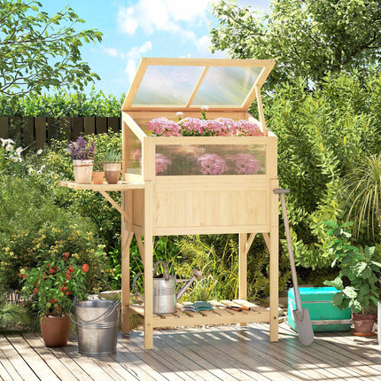 Raised Garden Bed with Cold Frame, Wood, Foldable Shelf