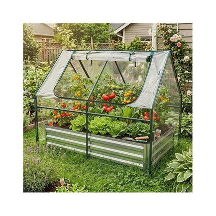 Raised Garden Bed with Greenhouse Cover, 2 Roll-Up Windows, Silver