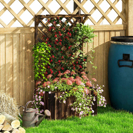 Raised Garden Bed with Trellis, Charred Wood, 64x33x122 cm