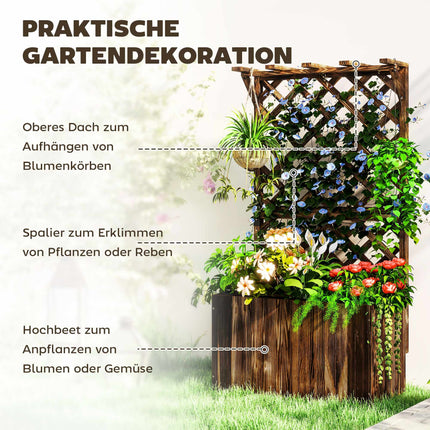 Raised Garden Bed with Trellis, Charred Wood, 64x33x122 cm