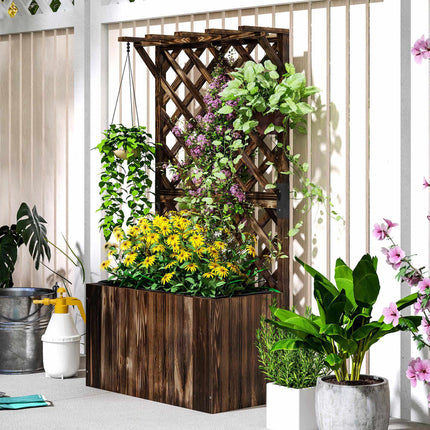 Raised Garden Bed with Trellis, Charred Wood, 64x33x122 cm