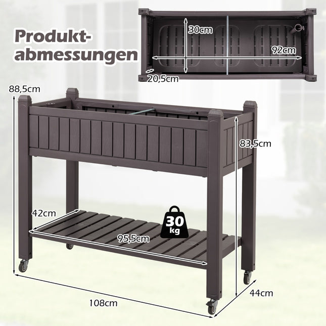Raised Garden Bed with Wheels, Self-Watering, Brown