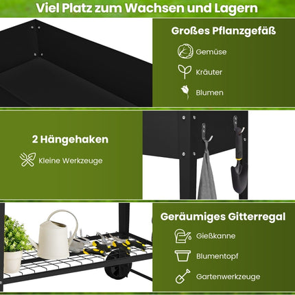 Raised Metal Garden Bed with Wheels, Shelf & Hooks - Black