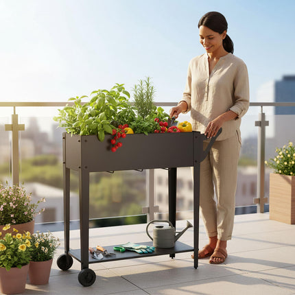 Raised Planter Box With Wheels And Storage Shelf