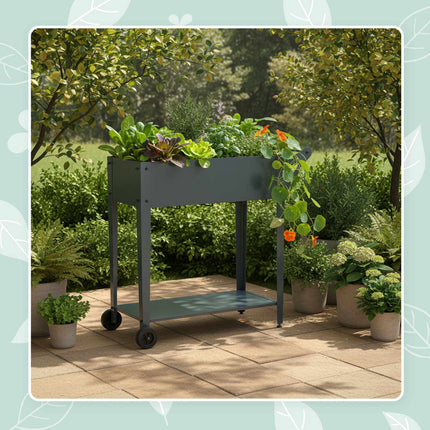 Raised Planter Box With Wheels And Storage Shelf
