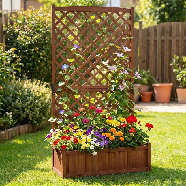Raised Planter With Trellis, Fir Wood, Drainage Holes, 90 x 44.5 cm
