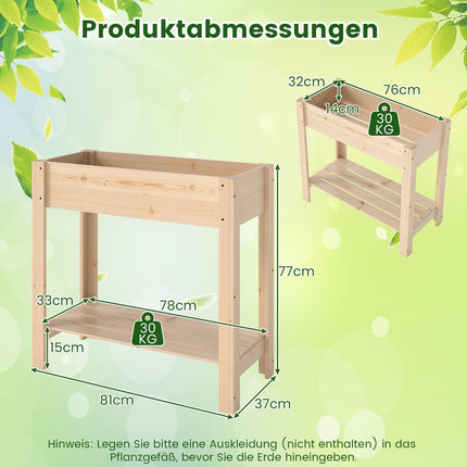 Raised Wooden Garden Bed with Shelf, 81 x 37 x 77 cm