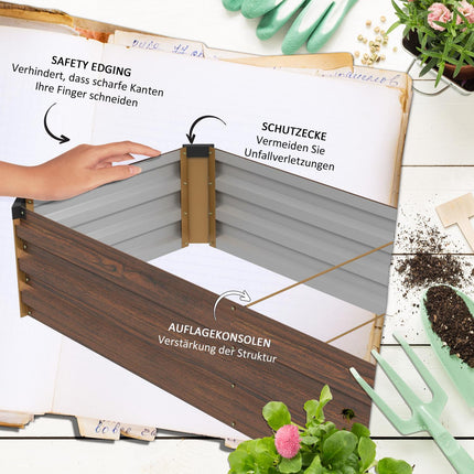 Garden bed in steel, wood look - dark brown