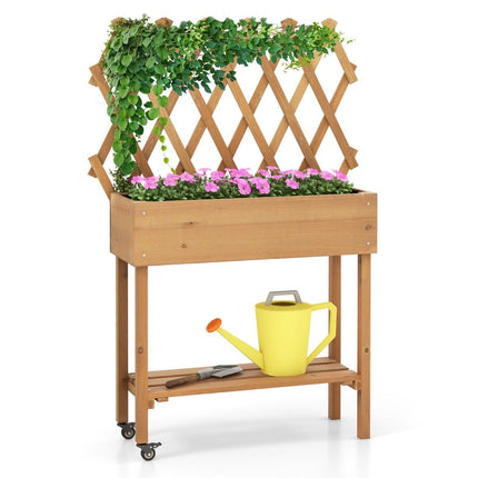 Raised bed on wheels with shelf & trellis & fabric lining flower bed 90 x 29 x 129 cm