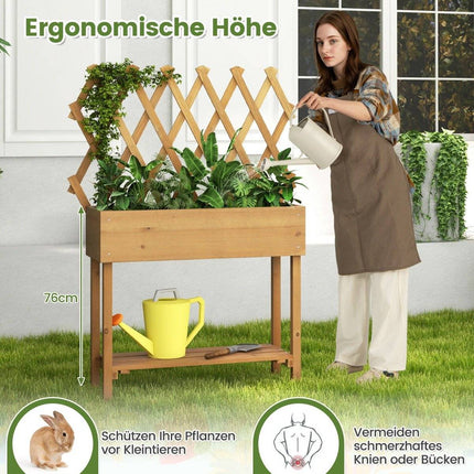 Raised bed on wheels with shelf & trellis & fabric lining flower bed 90 x 29 x 129 cm