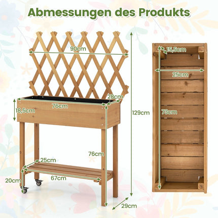 Raised bed on wheels with shelf & trellis & fabric lining flower bed 90 x 29 x 129 cm