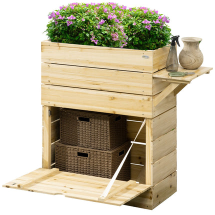 Raised wooden planter with table & storage, 105 x 39.5 cm