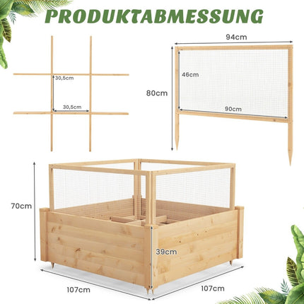 Raised bed with fence wooden planter box with 4-sided protective fence & planting grid 107 x 107 x 70 cm