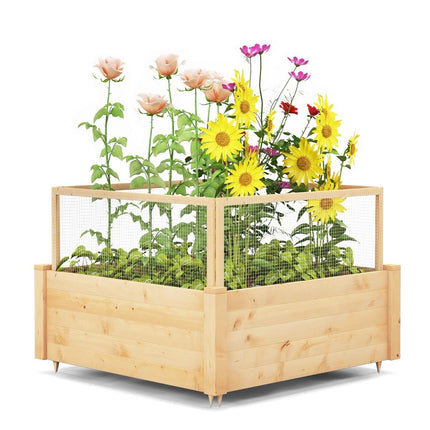 Raised bed with fence wooden planter box with 4-sided protective fence & planting grid 107 x 107 x 70 cm