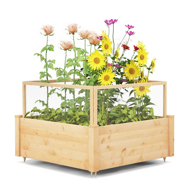 Raised bed with fence wooden planter box with 4-sided protective fence & planting grid 107 x 107 x 70 cm