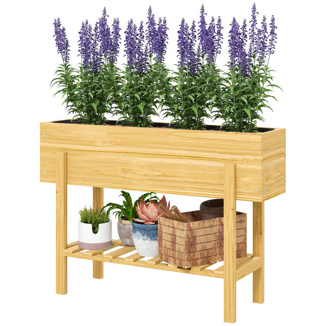 Raised wooden planter box with shelf and drainage, 100x30x70.5 cm