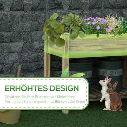 Raised wooden garden bed with shelf and drainage hole
