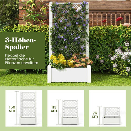 Raised bed with trellis, 3 levels height adjustable, flower box with trellis 76 x 45 x 150 cm white