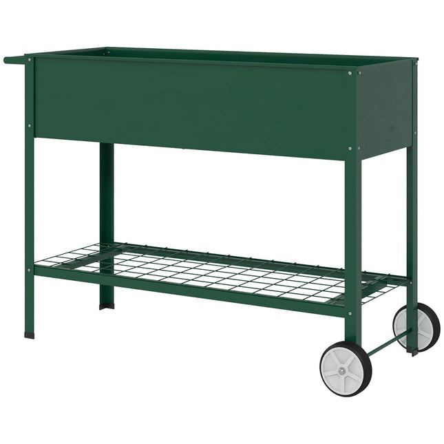 Raised metal garden bed with wheels and shelf, 109x44x80 cm