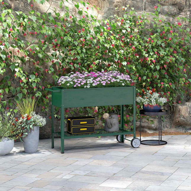 Raised metal garden bed with wheels and shelf, 109x44x80 cm