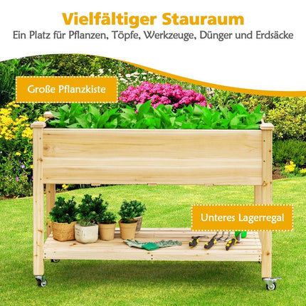 Raised garden bed planter made of wood with lockable wheels 120 x 59 x 84 cm natural