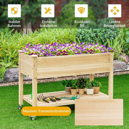 Raised garden bed planter made of wood with lockable wheels 120 x 59 x 84 cm natural