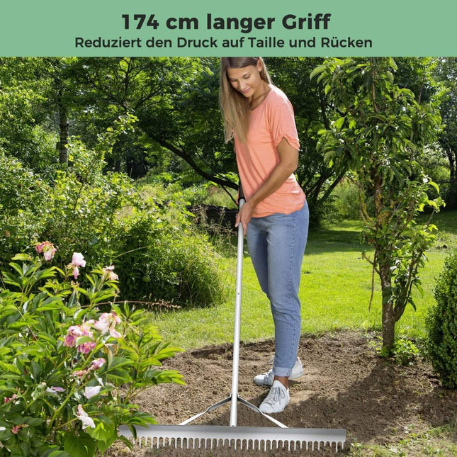 Rake garden rake made of aluminum with 91 cm wide rake head 91 x 10 x 174 cm silver