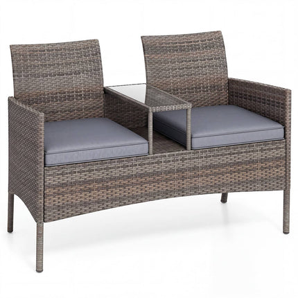 Rattan 2-Seater Garden Lounge Set with Table, Grey Cushions