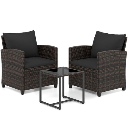 Rattan Balcony Set with 2 Chairs & Glass Table, Brown-Black