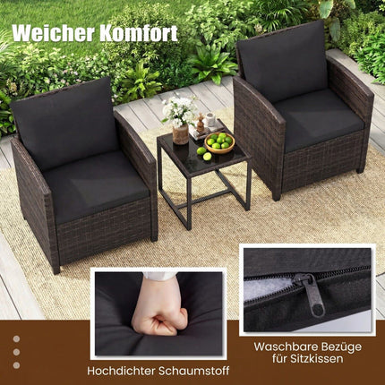 Rattan Balcony Set with 2 Chairs & Glass Table, Brown-Black