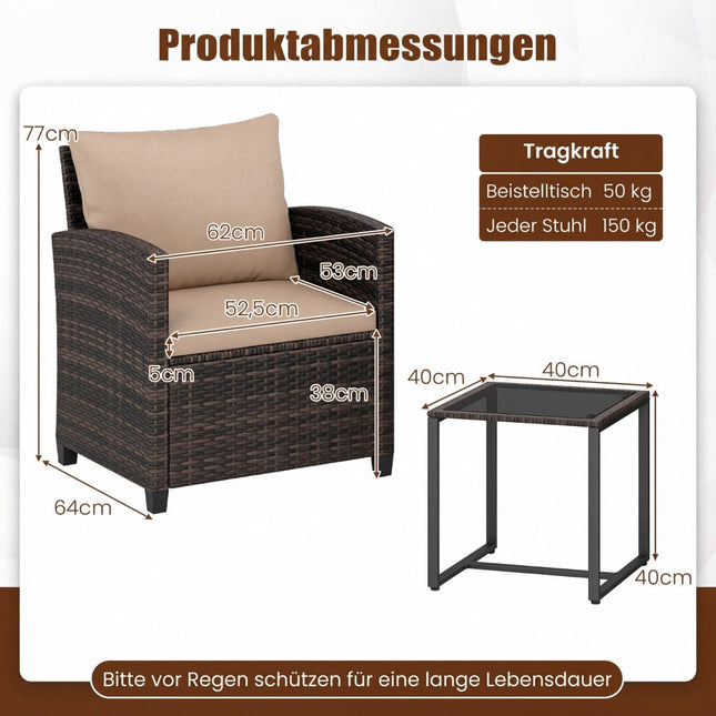 Rotan balkonset met 2 stoelen en glazen tafel, bruin-khaki