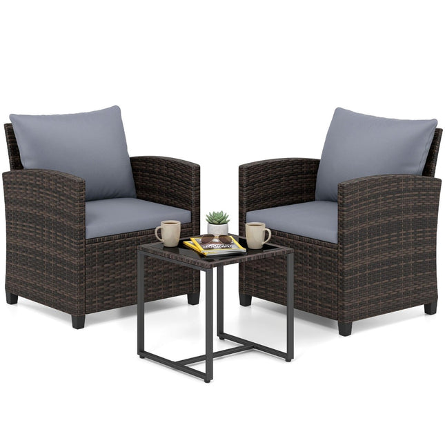 Rattan Balcony Set with Cushions & Glass Table, 3-Piece Outdoor Furniture