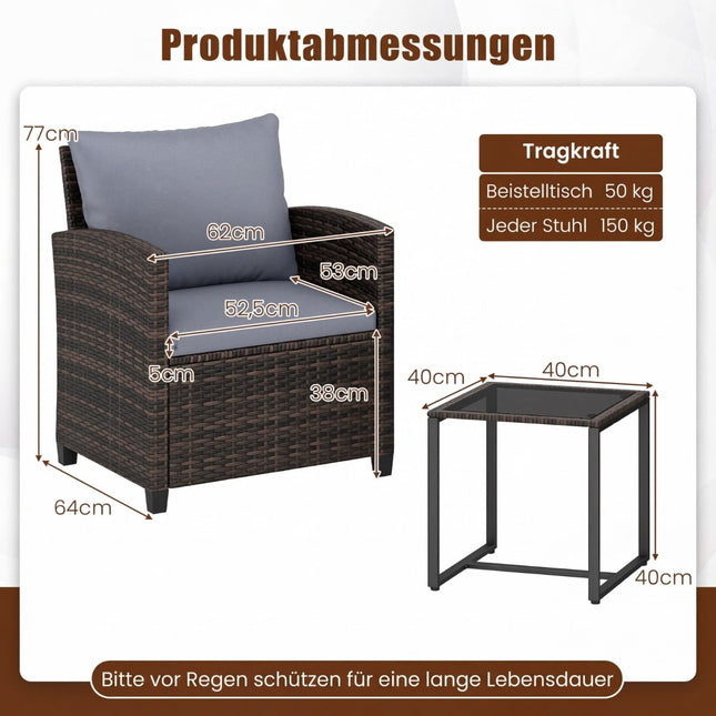 Rattan Balcony Set with Cushions & Glass Table, 3-Piece Outdoor Furniture