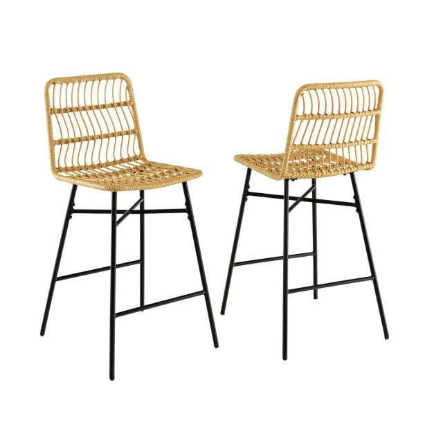 Rattan Bar Stools, Set of 2, 27-Inch Seat, Yellow