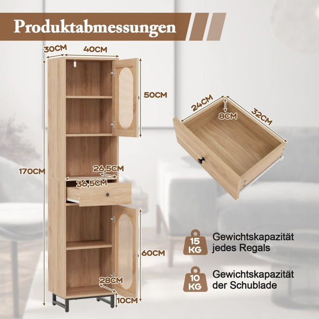 Rattan Bathroom Cabinet with Adjustable Shelves & Drawer