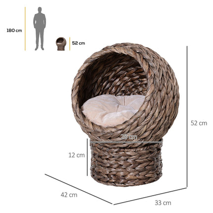 Rattan Cat Cave Bed, dark brown, water hyacinth, with pillow