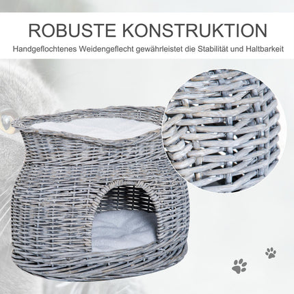 Rattan Cat Bed with canopy and cushion, water hyacinth
