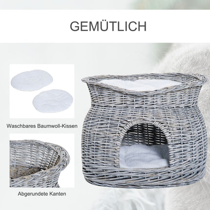 Rattan Cat Bed with canopy and cushion, water hyacinth