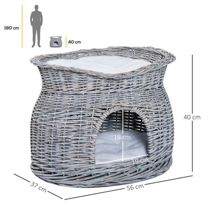 Rattan Cat Bed with canopy and cushion, water hyacinth